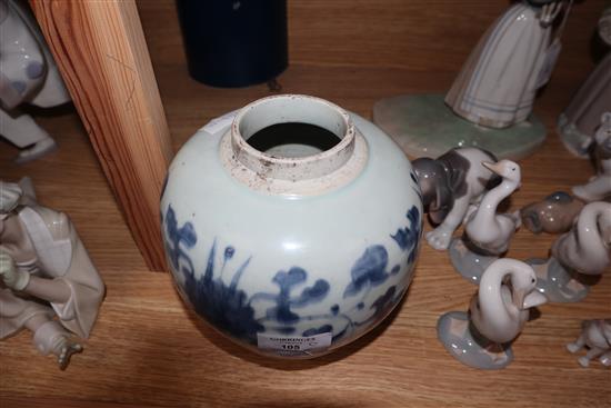 A 17th century Chinese blue and white ovoid jar, unglazed base height 17.5cm, lacking cover